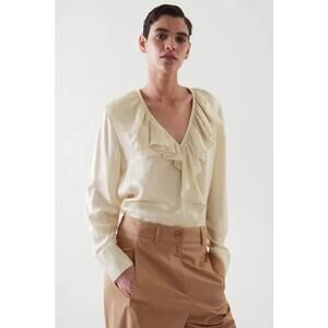 COS Women's Cream Ruffle-Trimmed V-Neck Blouse Top Size 14